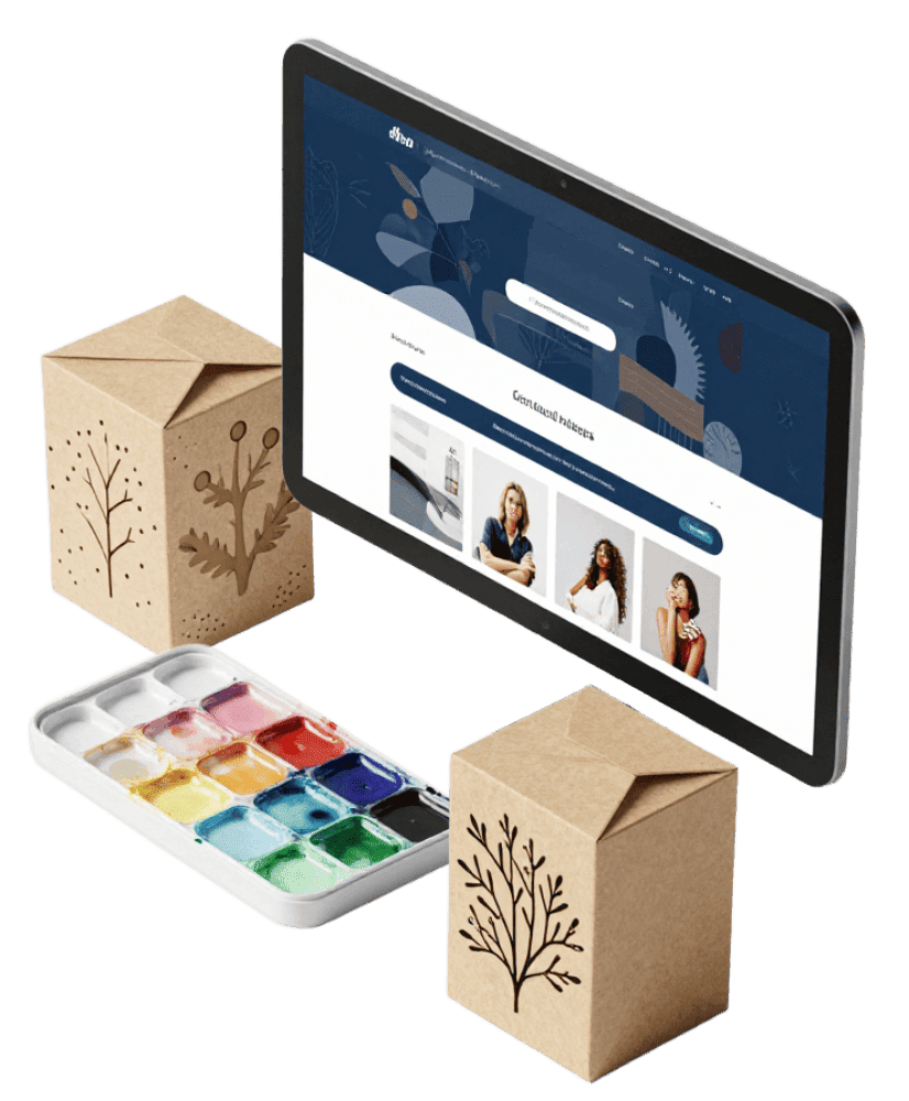Maqueta de diseño web en pantalla, cajas de packaging de cartón kraft con motivos botánicos troquelados y paleta de acuarelas con pastillas de colores.
